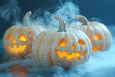Halloween card. jack o lantern. A row of creepy pumpkins with carved grimaces smokes in the dark.の写真素材