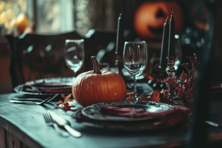 Fall table decoration with pumpkins and flowers. Family thanksgiving dinner arrangement outdoors in the garden. Countryside style, simple handmade setting, autumn moodの写真素材