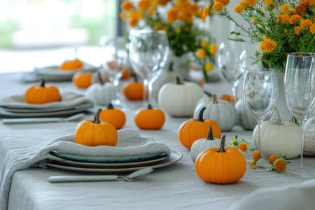 Interior decore. table setting. pumpkins and flowers.の写真素材