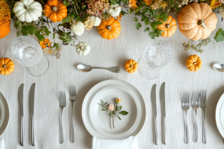 Interior decore. table setting. pumpkins and flowers.の写真素材