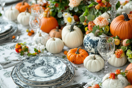 Interior decore. table setting. pumpkins and flowers.