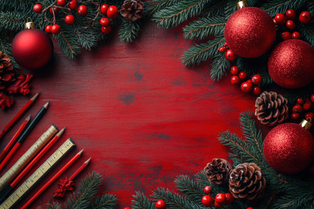 frame of colorful supplies on winter board background, top view.の写真素材