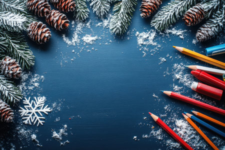 frame of colorful school supplies on winter board background, top view.の写真素材