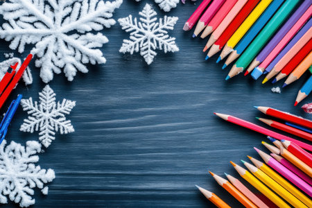 frame of colorful school supplies on winter and snow board background, top view.の写真素材