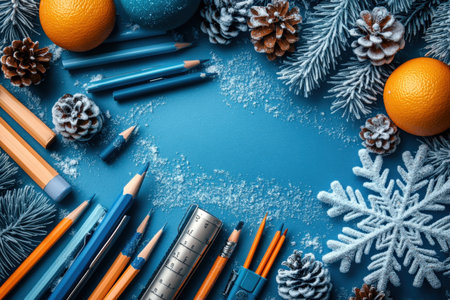 frame of colorful school supplies on winter and snow board background, top view.の写真素材