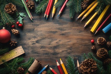 frame of colorful school supplies on winter board background, top view.の写真素材