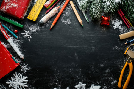 frame of colorful school supplies on winter board background, top view.の写真素材