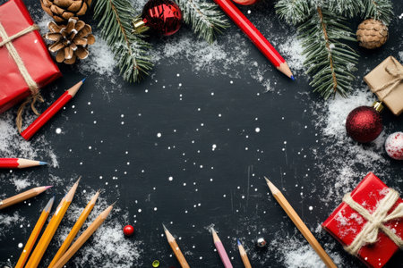 frame of colorful school supplies on winter board background, top view.の写真素材