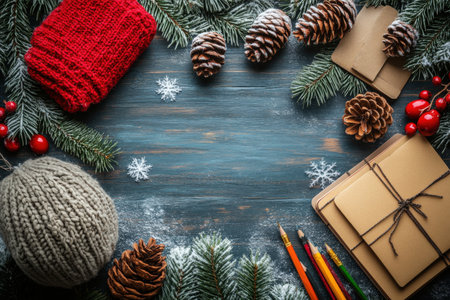 frame of colorful school supplies on winter board background, top view.の写真素材