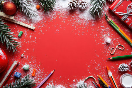 frame of colorful school supplies on winter board background, top view.の写真素材