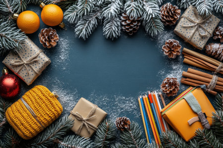frame of colorful supplies on winter board background, top view.の写真素材