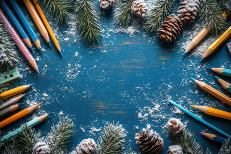 frame of colorful school supplies on winter board background, top view.の写真素材