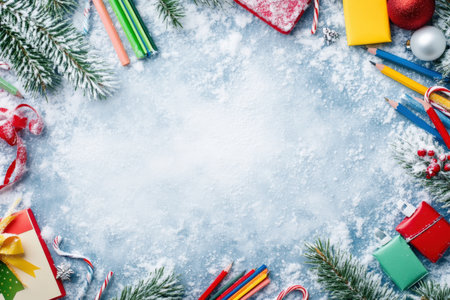 frame of colorful school supplies on winter board background, top view.の写真素材