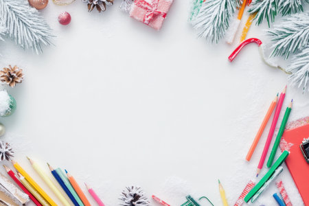 frame of colorful school supplies on winter board background, top view.の写真素材
