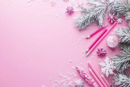 frame of colorful school supplies on winter board background, top view.の写真素材