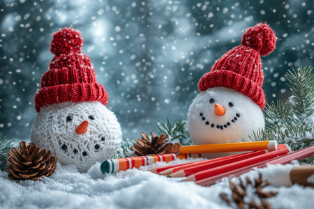 School decoration with school supplies. Winter mood. Free copy spaceの写真素材