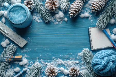 frame of colorful school supplies on winter and snow board background, top view.の写真素材