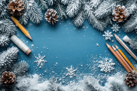 frame of colorful school supplies on winter and snow board background, top view.の写真素材
