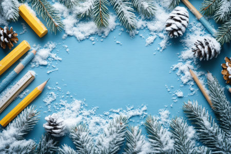 frame of colorful school supplies on winter and snow board background, top view.の写真素材