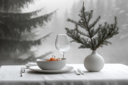 Christmas table setting as home with natural decorations. mystical atmosphere. Close up.の写真素材