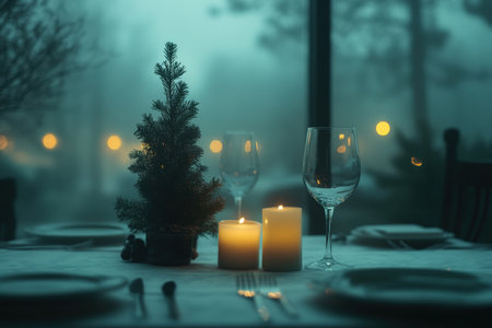 Christmas table setting as home with natural decorations. mystical atmosphere. Close up.