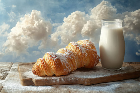 yummy croissant with cup of milk. breakfast.の写真素材