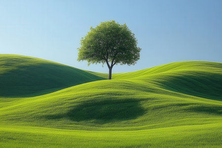 single tree in the center. a calm and serene landscape with rolling green hills, a clear blue sky.