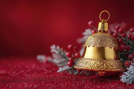 golden bell on red background. New Years decoration.の写真素材