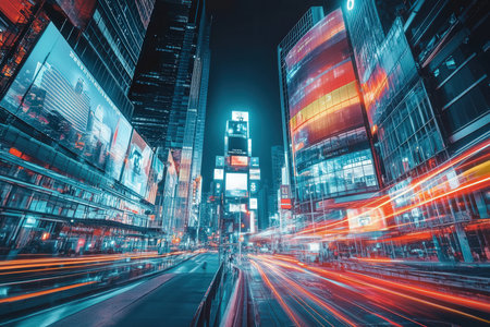 A futuristic cityscape at night with holographic billboards and autonomous flying cars, AI-driven...