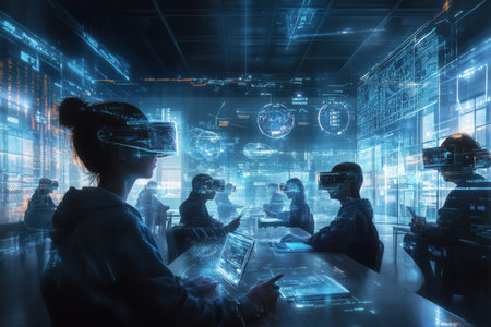A high-tech classroom of the future, with students using augmented reality glasses. School of future. Created by aiの写真素材