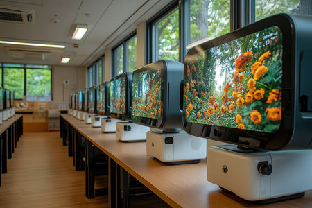Group of computer neatly placed in a computer lab.の写真素材