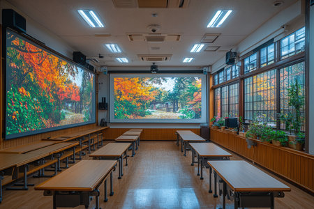 Group of desks neatly placed in a classroom.の写真素材