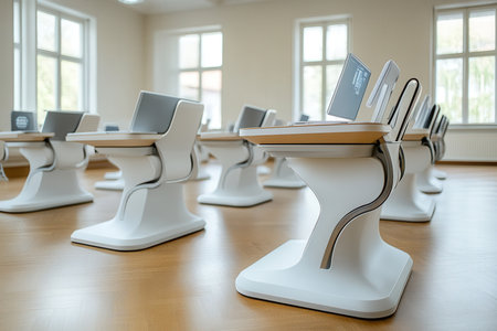 Group of computers neatly placed in a computer lab.の写真素材