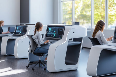 Group of computer neatly placed in a computer lab.