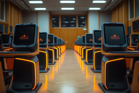 Group of computer neatly placed in a computer lab.の写真素材