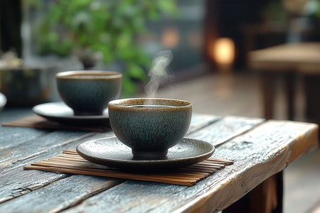 beautiful tea ceremony with flowers. An arrangement of a cast iron tea pot and tea whisk. Asian culture. Close-up. Created by ai
