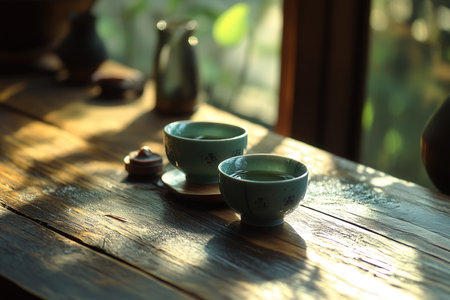 beautiful tea ceremony with flowers. An arrangement of a cast iron tea pot and tea whisk. Asian culture. Close-up. Created by ai