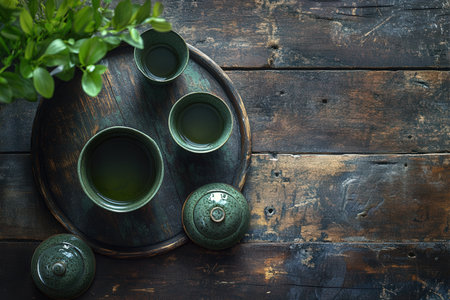 beautiful tea ceremony with flowers. An arrangement of a cast iron tea pot and tea whisk. Asian culture. Close-up. Created by aiの写真素材