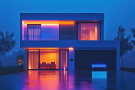 futuristic smart home. with an AI assistant managing lighting, temperature, and security, responding to voice commands.の写真素材