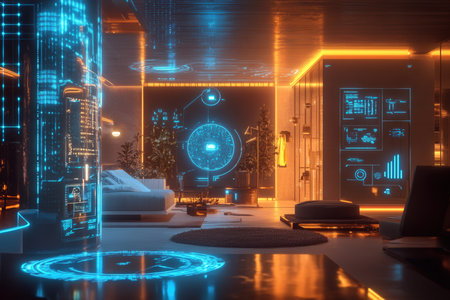 futuristic smart home. with an AI assistant managing lighting, temperature, and security, responding to voice commands.の写真素材