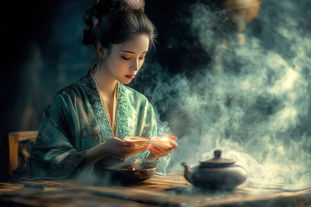 Tea ceremony. A young woman dressed in traditional attire meditates with incense.の写真素材