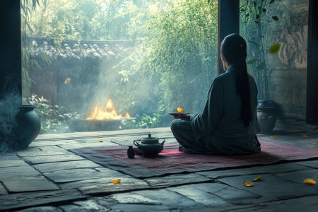 Tea ceremony. A young woman dressed in traditional attire and sitting with her back to the camera. Meditates in nature.の写真素材