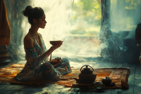 Tea ceremony. A young woman dressed in a kimono. meditates in nature. Created by aiの写真素材