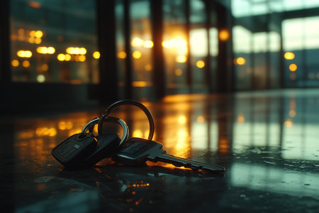 Keys in the foreground. car rental. airport. Created by ai
