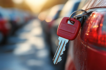car rental. keys in the foreground. car in the background. Created by ai.の写真素材