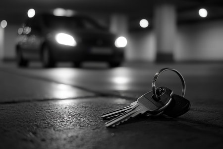 car rental. keys in the foreground. car in the background. Created by ai. black and white photoの写真素材