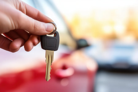 car rental. keys in the foreground. car in the background. Created by ai.の写真素材