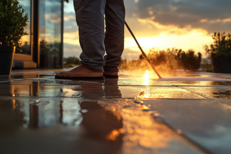 Man cleaning suit tiles with high pressure water jet. close upの写真素材