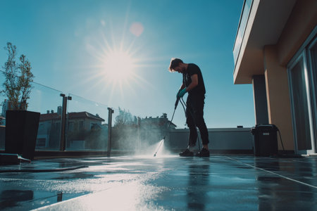 Man cleaning tiles with high pressure water jet. close upの写真素材