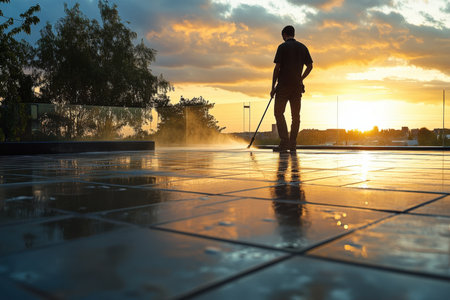 Man cleaning tiles with high pressure water jet. close up